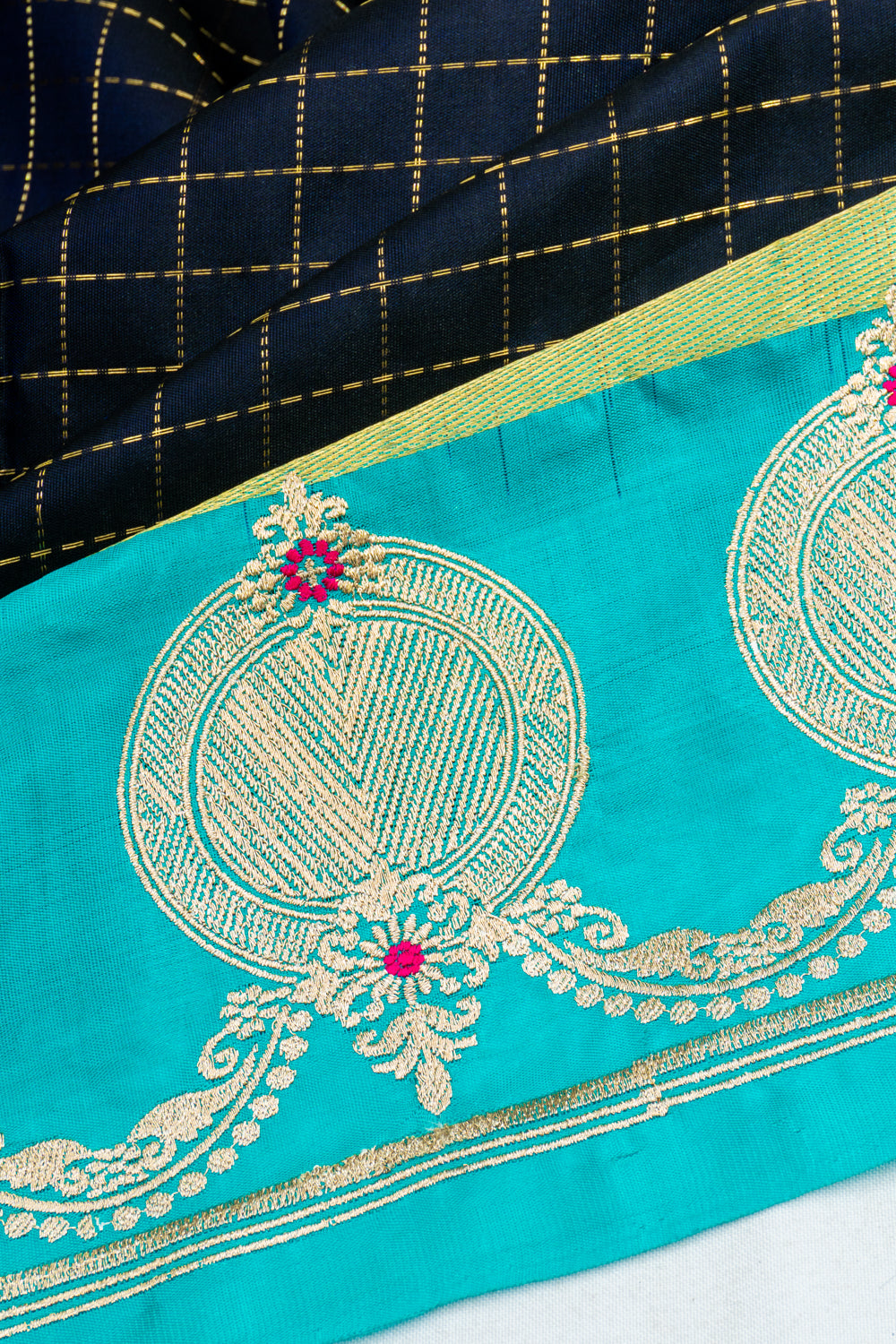 Kanchipuram Silk Checks Dark Blue Saree With Embroidery Border 1214967304