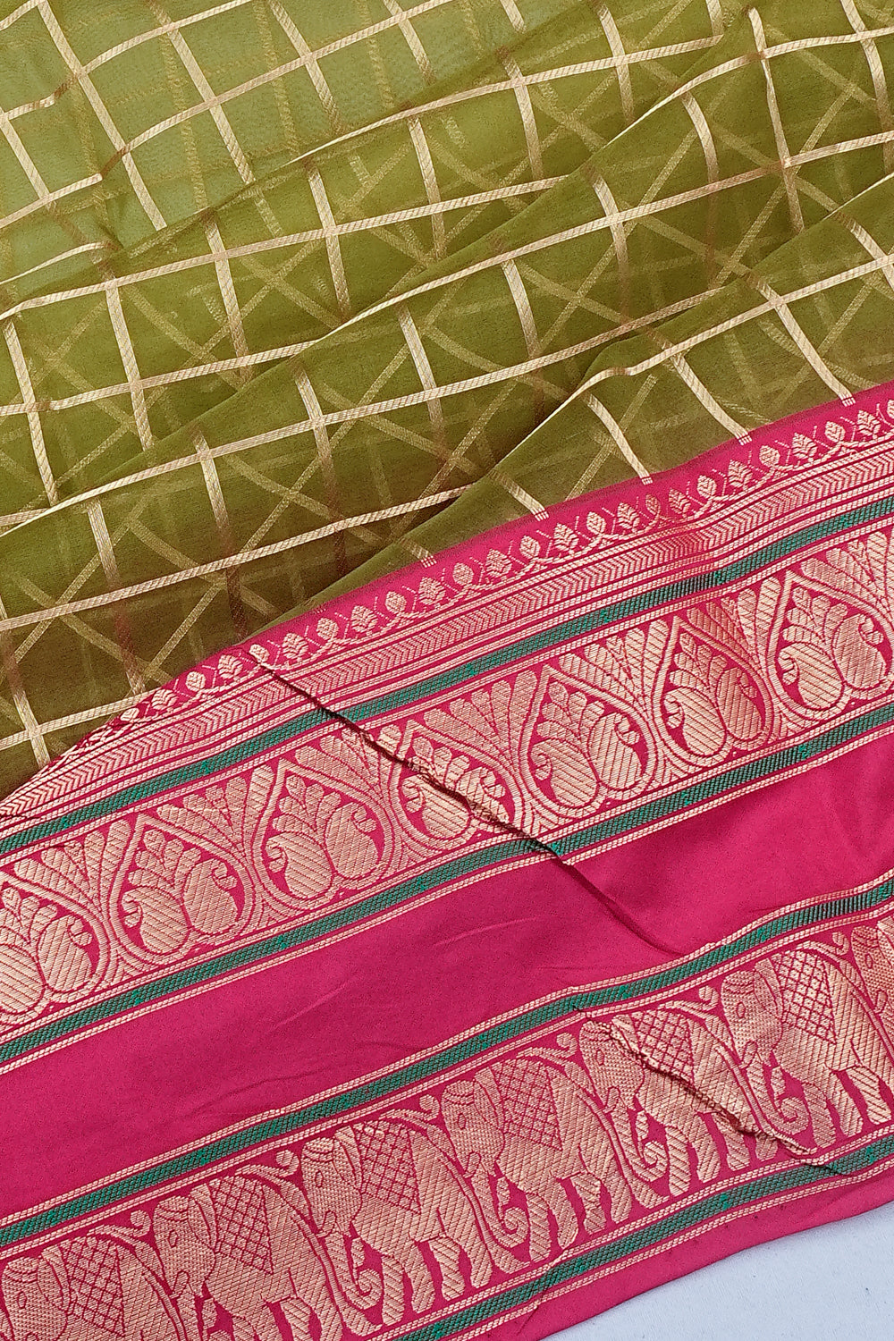 Kanchipuram Kora Organza Checks Mehandi Green Saree