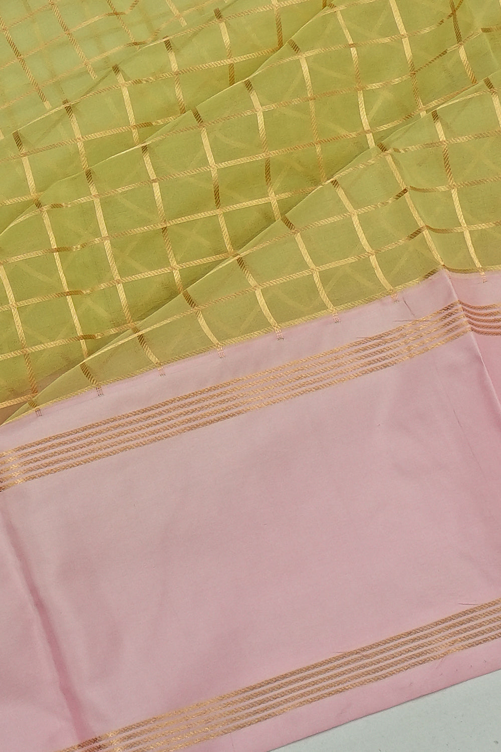 Kanchipuram Kora Organza Checks Pista Green Saree