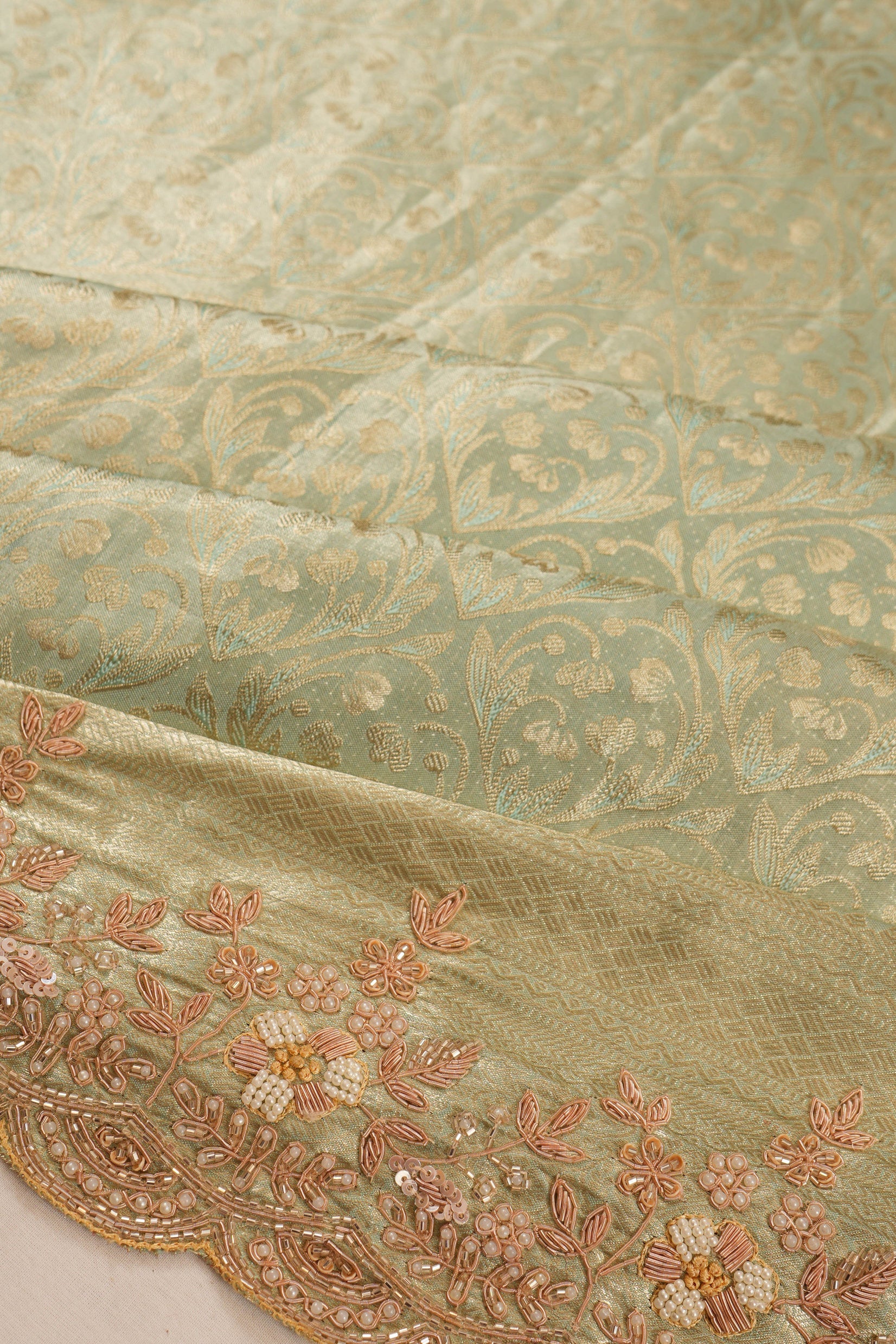 Banarasi Silk Tissue Brocade Pastel Green Saree With Zardosi Work Scallop Border