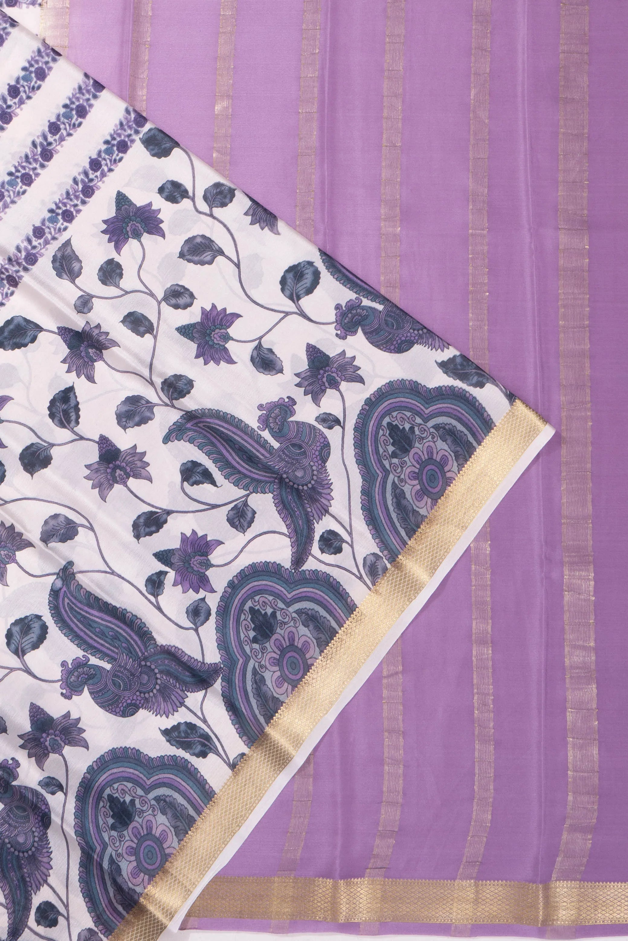 Mysore Silk Floral Printed White Saree