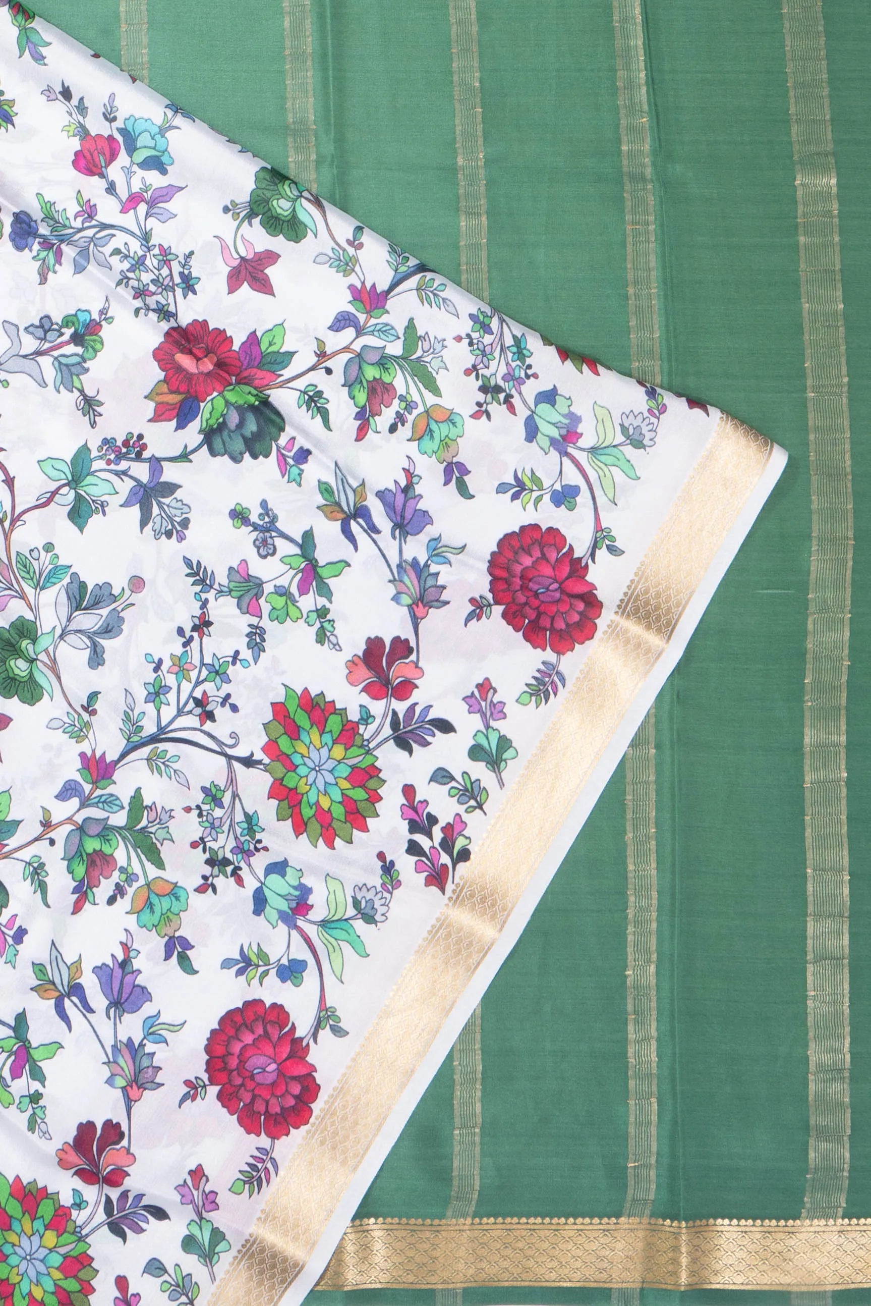 Mysore Silk Floral Printed White Saree