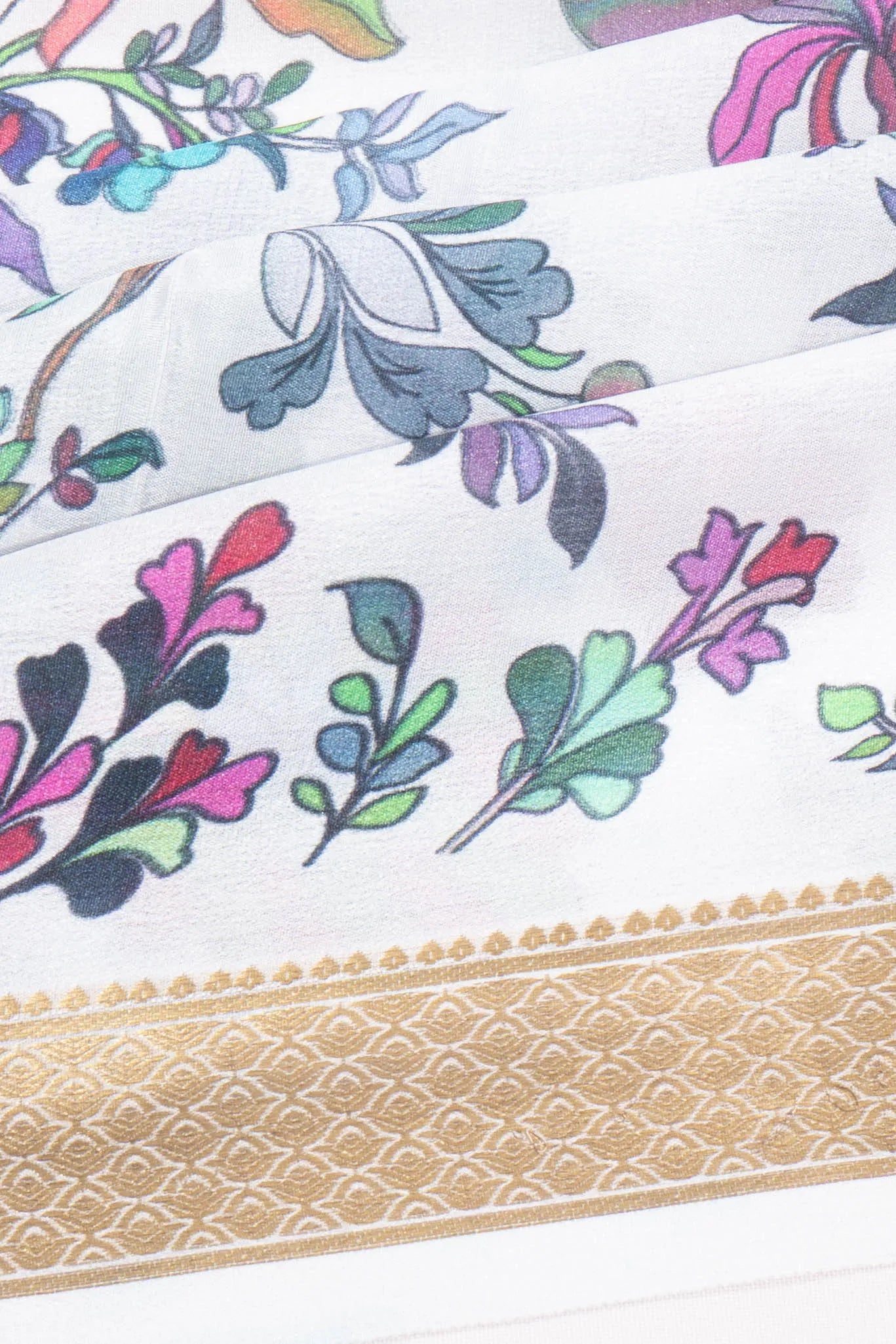 Mysore Silk Floral Printed White Saree