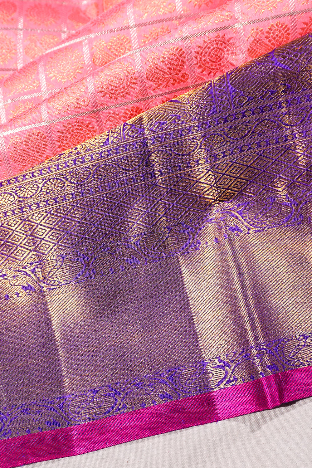 Kanchipuram Silk Checks And Butta Pink Saree