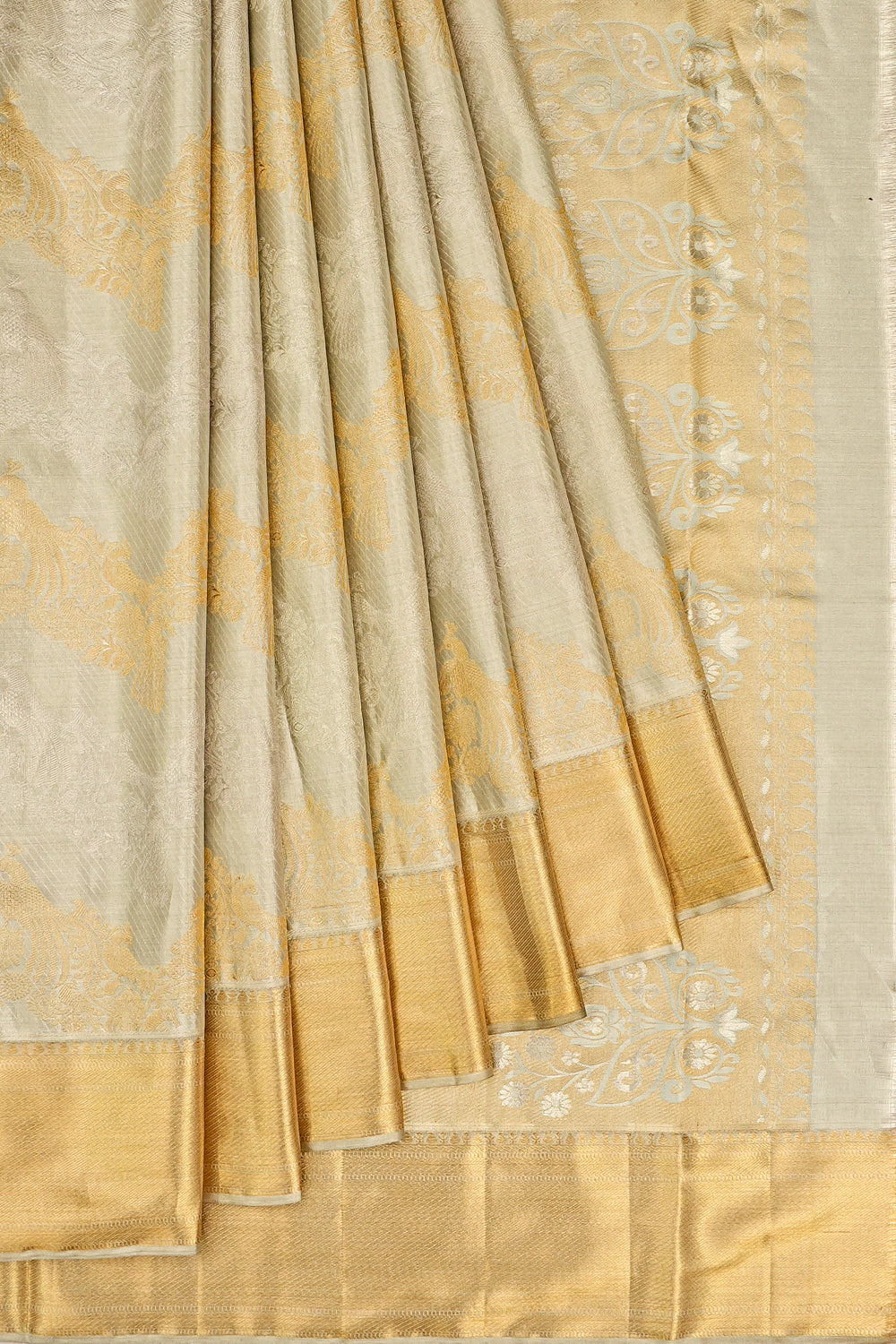 Kanchipuram Silk Tissue Jaal Silver Saree 1214980942