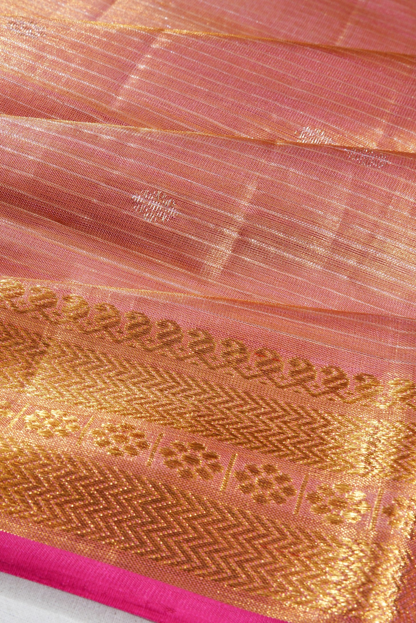 Kanchipuram Silk Tissue Horizontal Lines And Butta Baby Pink Saree