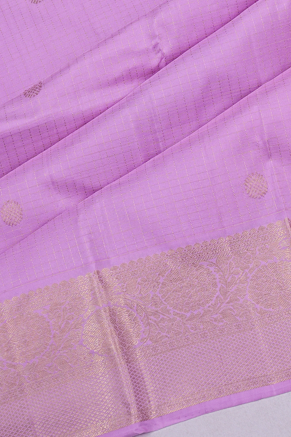 Kanchipuram Silk Checks And Butta Lavender Saree