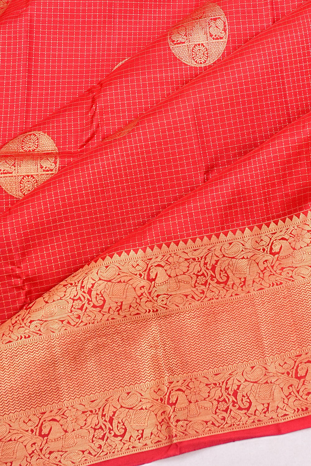 Kanchipuram Silk Checks And Butta Red Saree