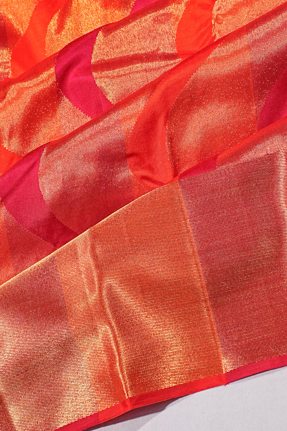 Kanchipuram Silk Tissue Geometrical Brocade Pink And Orange Saree 1214983867