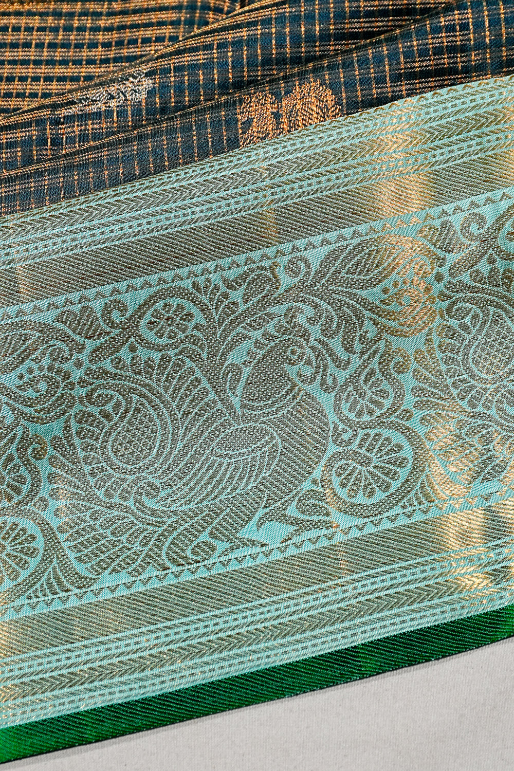 Kanchipuram Silk Checks And Butta Bottle Green Saree