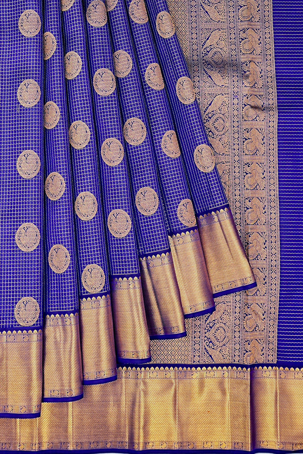 Kanchipuram Silk Checks And Butta Dark Blue Saree 1214987193