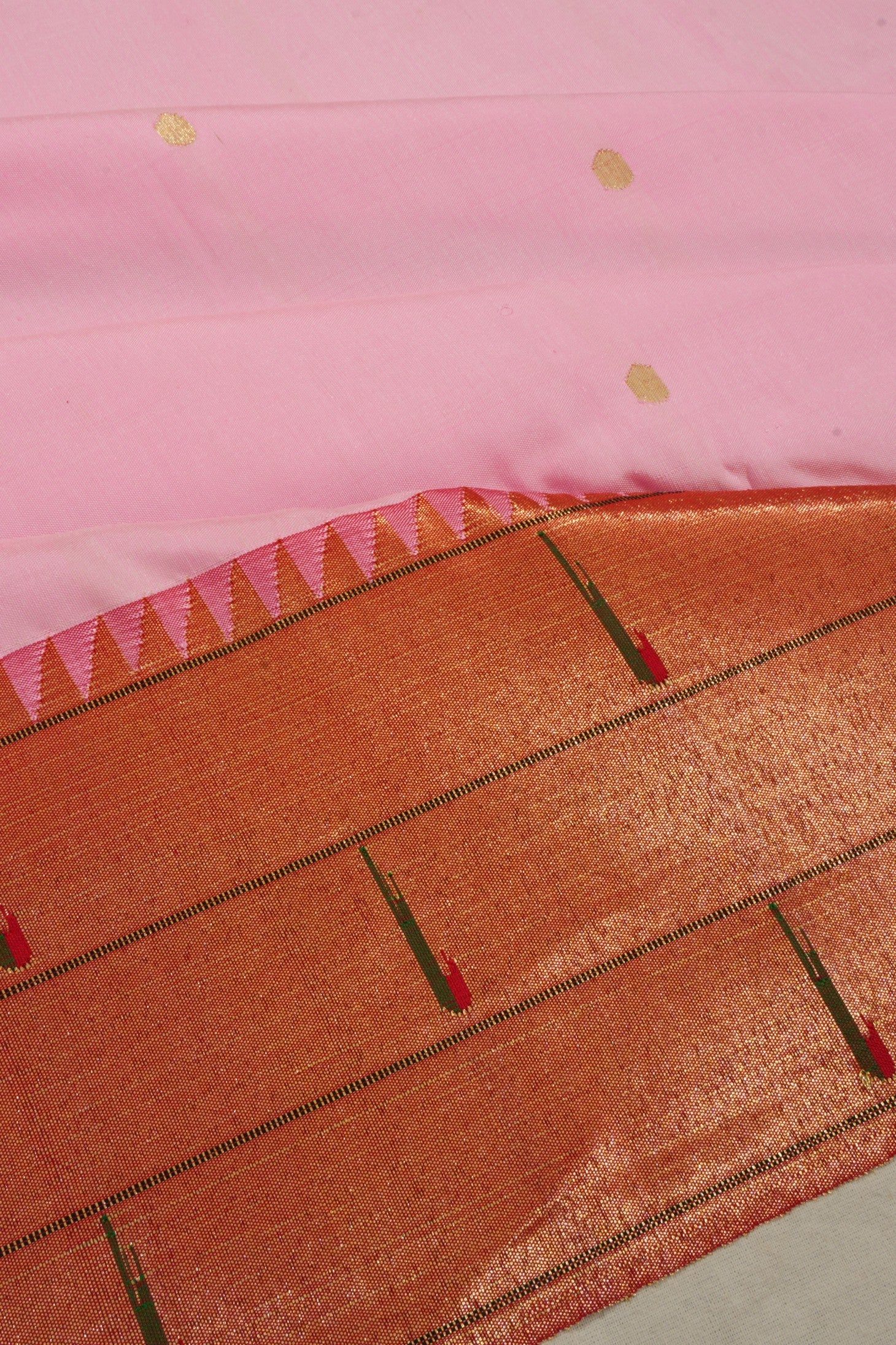 Paithani Silk Butta Baby Pink Saree With Triple Muniya Border