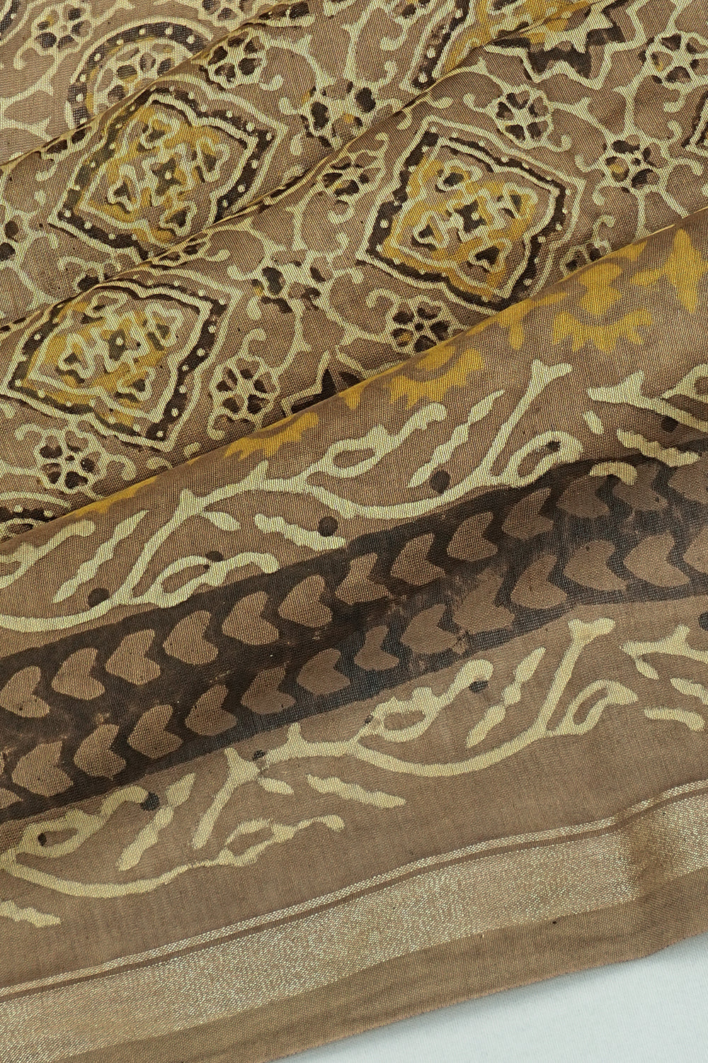 Chanderi Cotton Ajrak Printed Choco Brown Saree