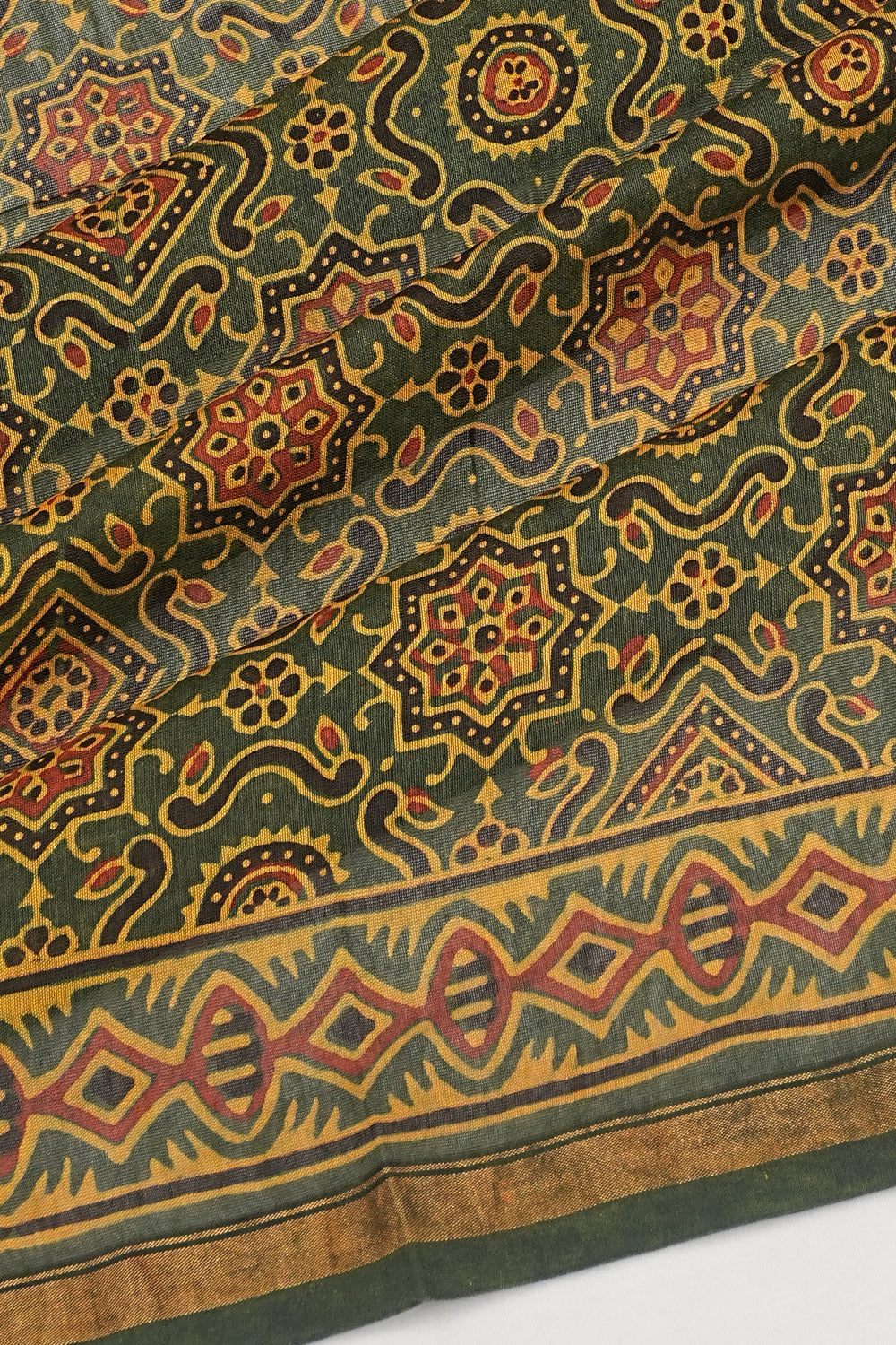 Chanderi Cotton Ajrak Printed Green Saree 1214996207