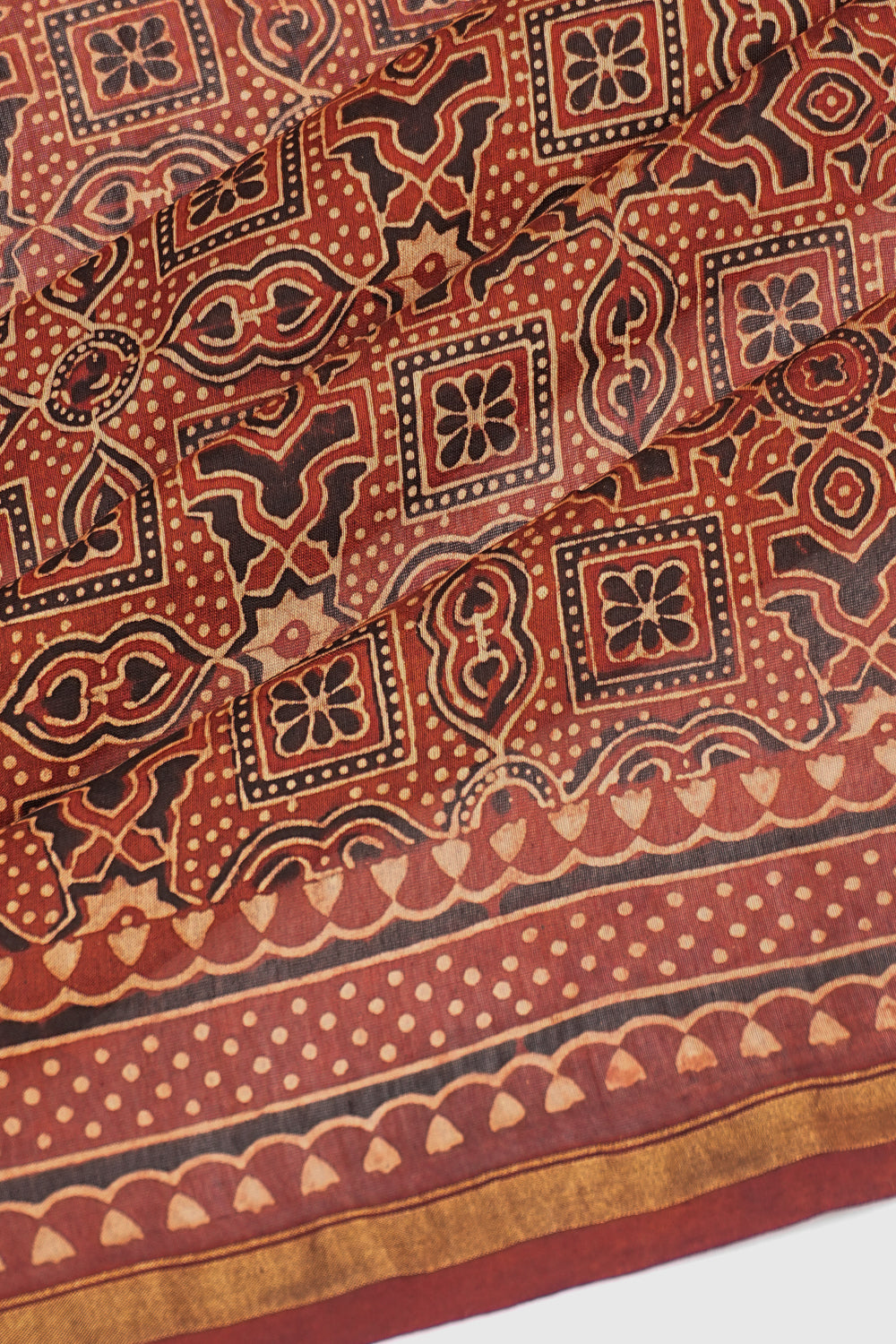 Chanderi Cotton Ajrak Printed Brown Saree 1214996208
