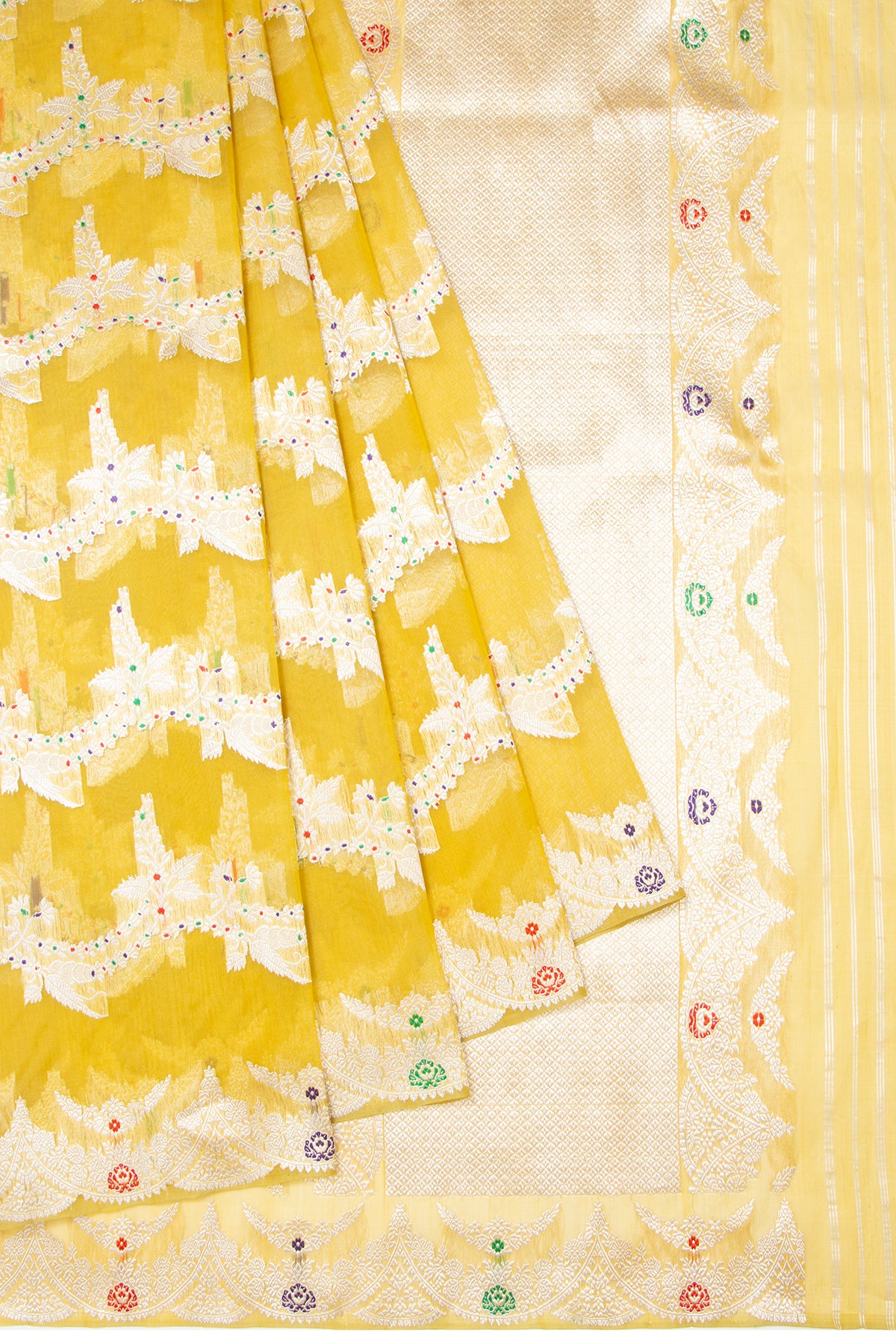 Banarasi Kora Organza Jaal Yellow Saree 1215000008
