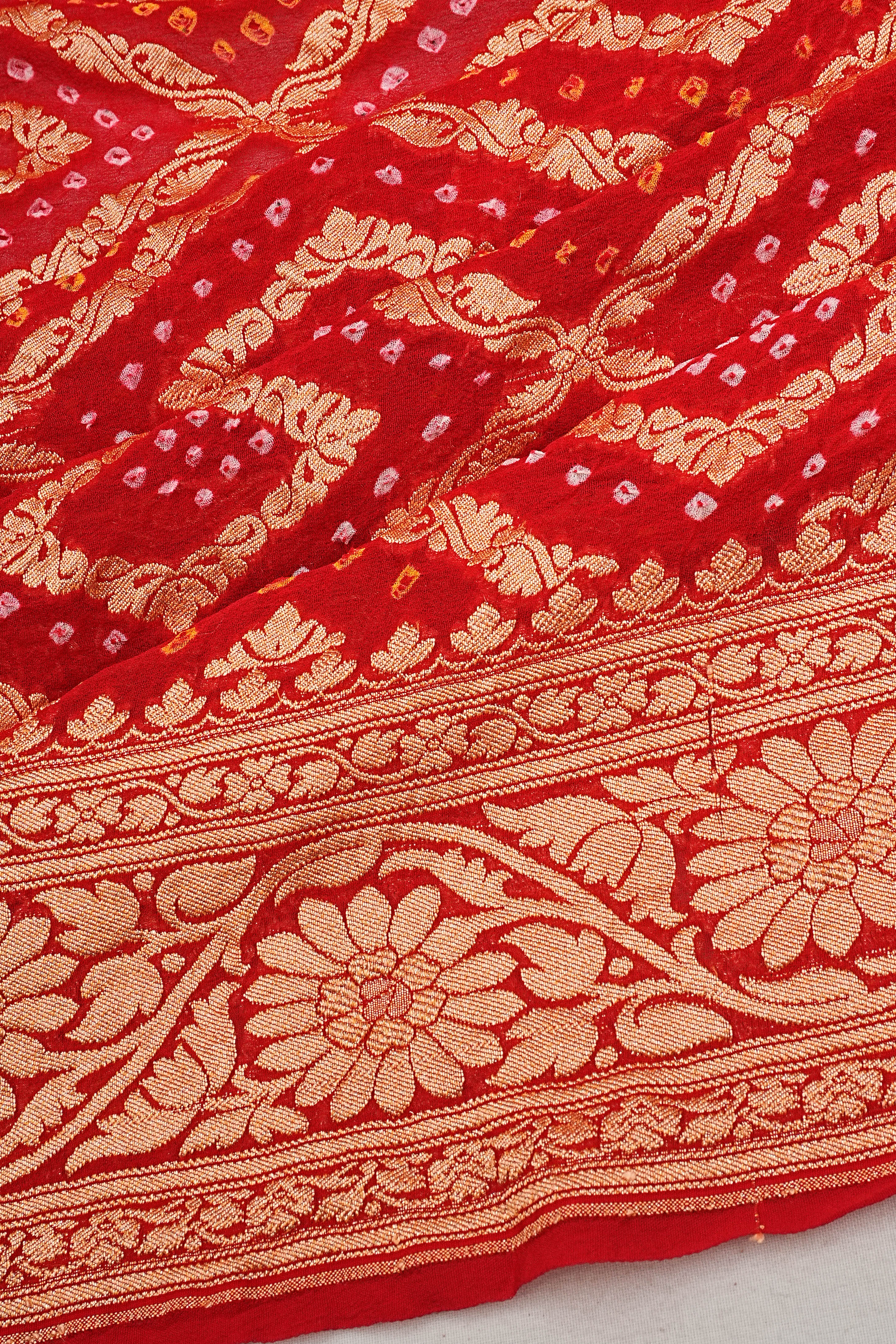 Banarai Georgette Bandhani Brocade Red Saree