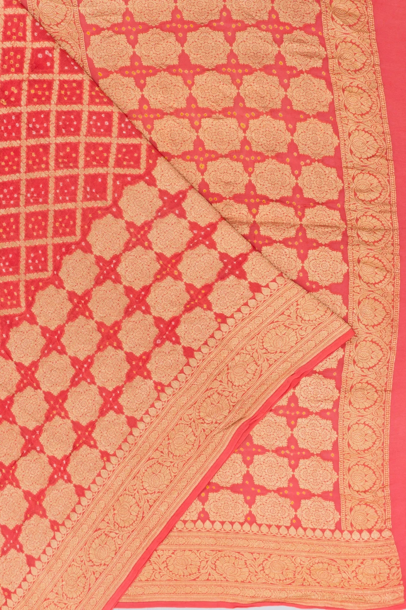 Banarasi Georgette Criss Cross Checks And Bandhani Red Saree