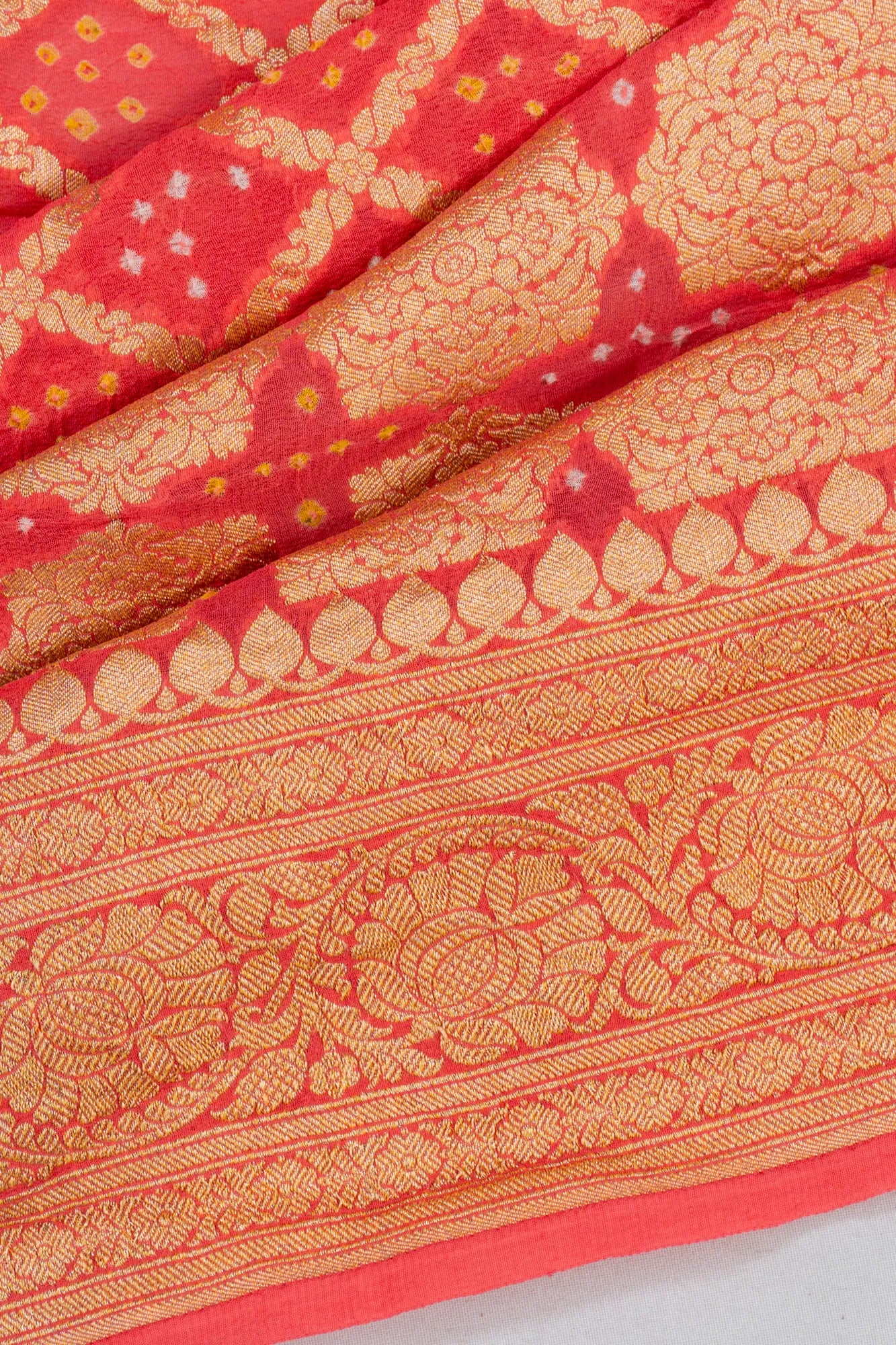 Banarasi Georgette Criss Cross Checks And Bandhani Red Saree