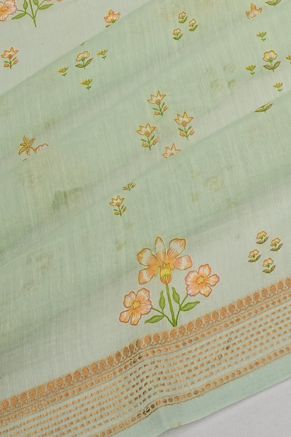 Chanderi Cotton Floral Printed Sea Green Saree 1215005686