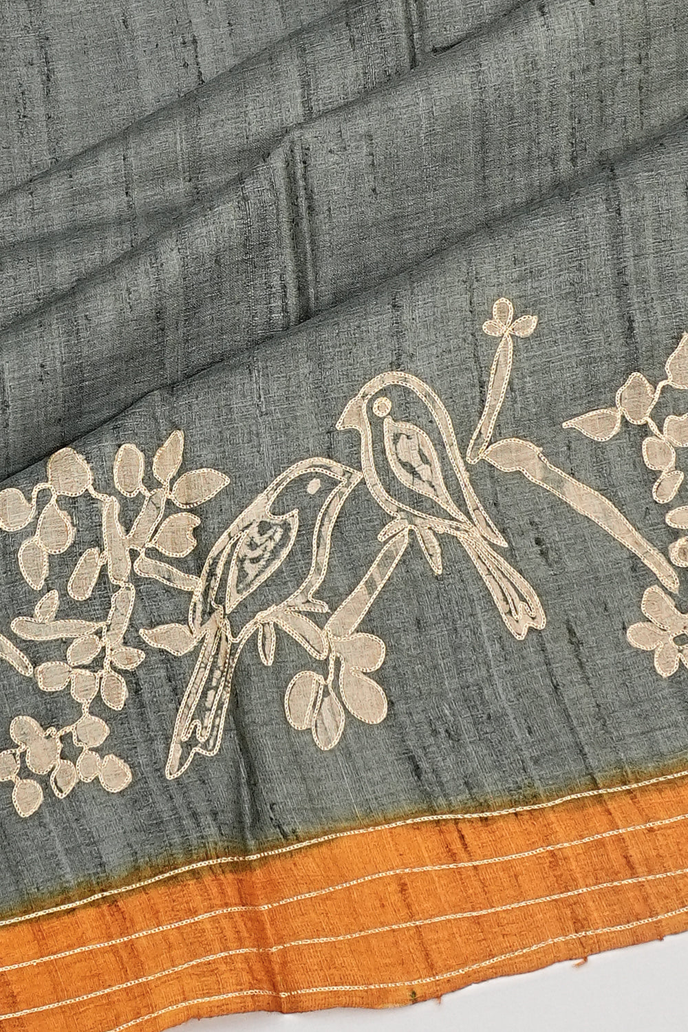 Tussar Plain Grey Saree With Aari Embroidery Outlined