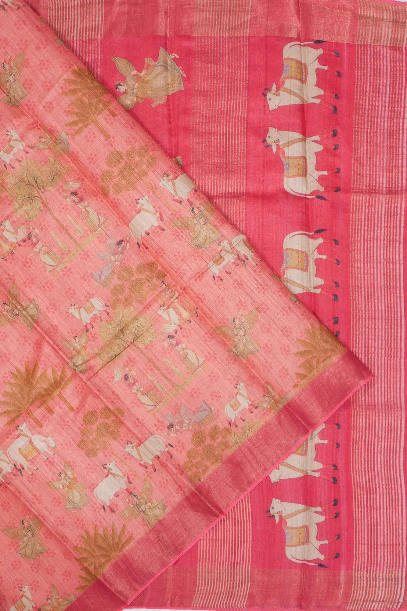 Kankatala Tussar Pichwai Printed Baby Pink Saree g2