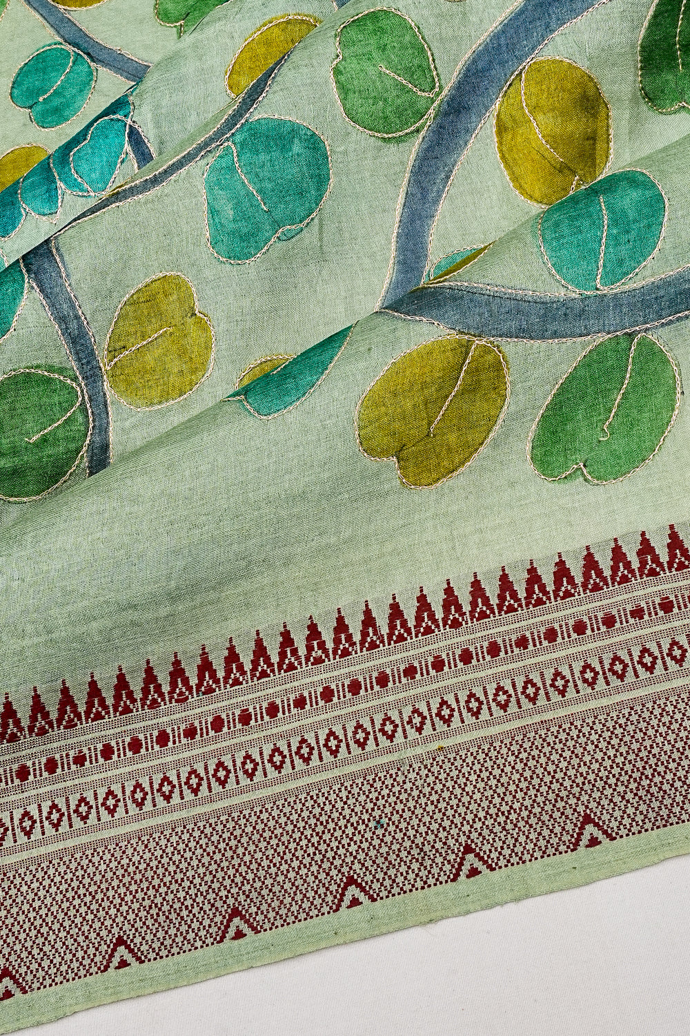 Tussar Floral Printed Sea Green Saree With Aari Embroidery Outlined