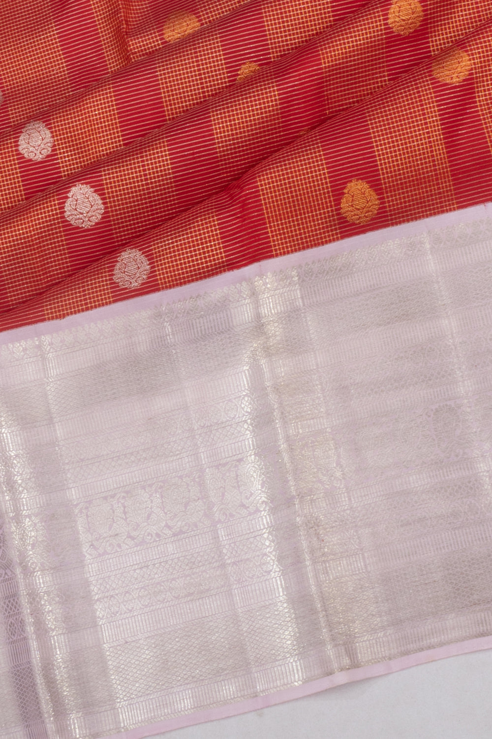 Kanchipuram Silk Checks And Butta Red Saree