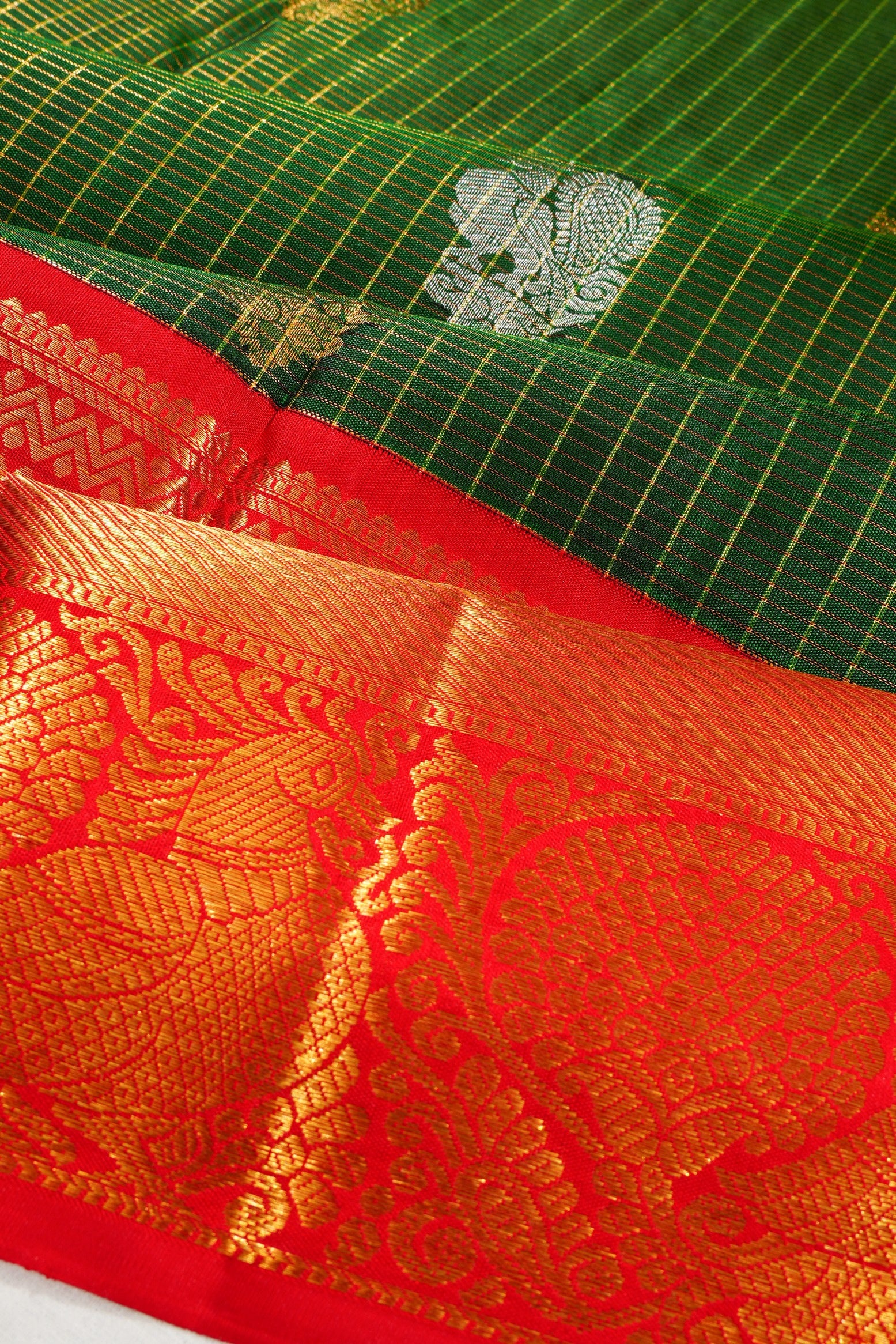 Kanchipuram Silk Checks And Butta Dark Green Saree