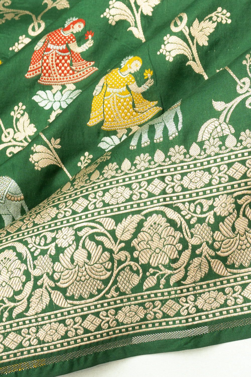 Banarasi Silk Shikargah Jaal Dark Green Saree
