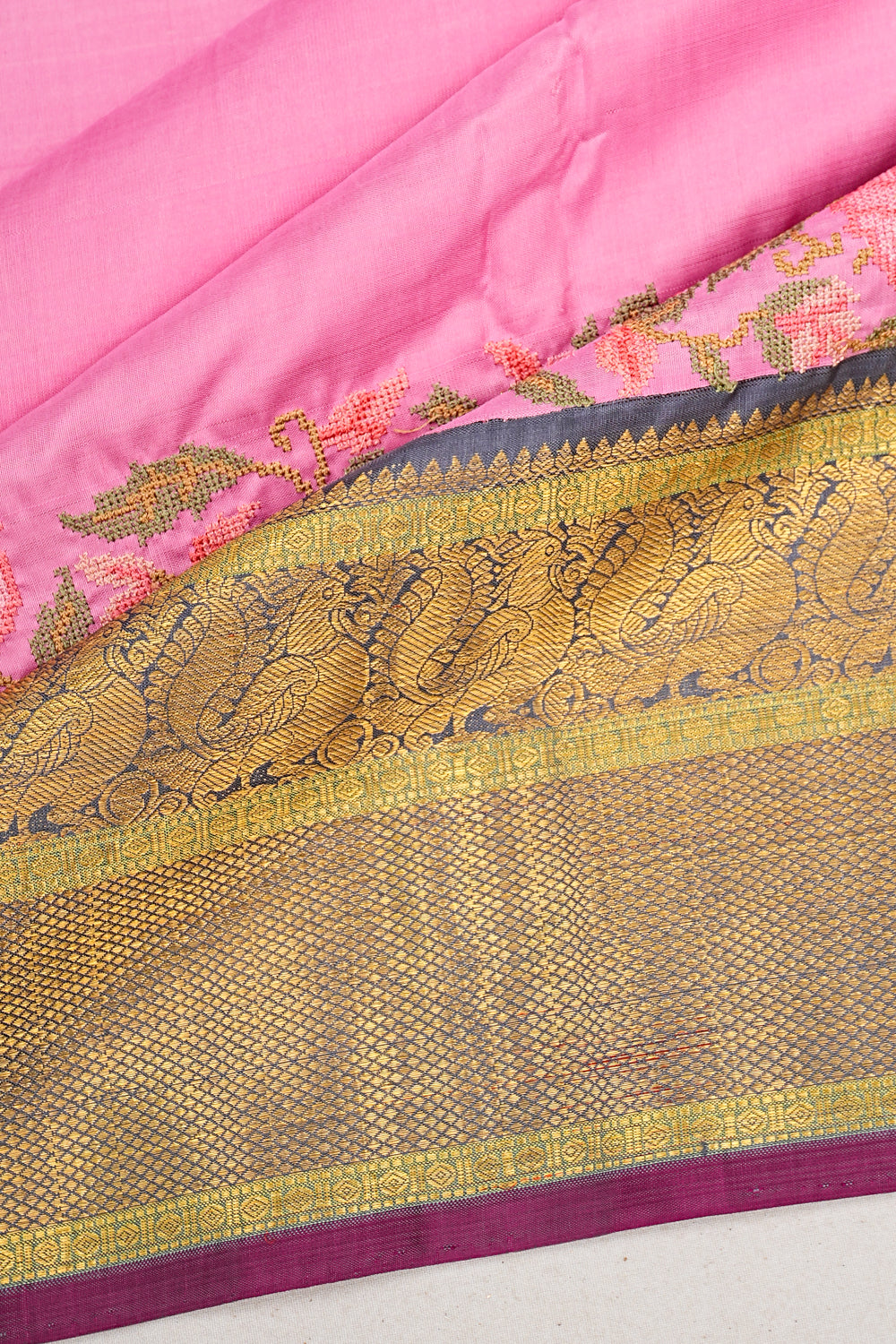 Kanchipuram Silk Butta Baby Pink Saree With Embroidery