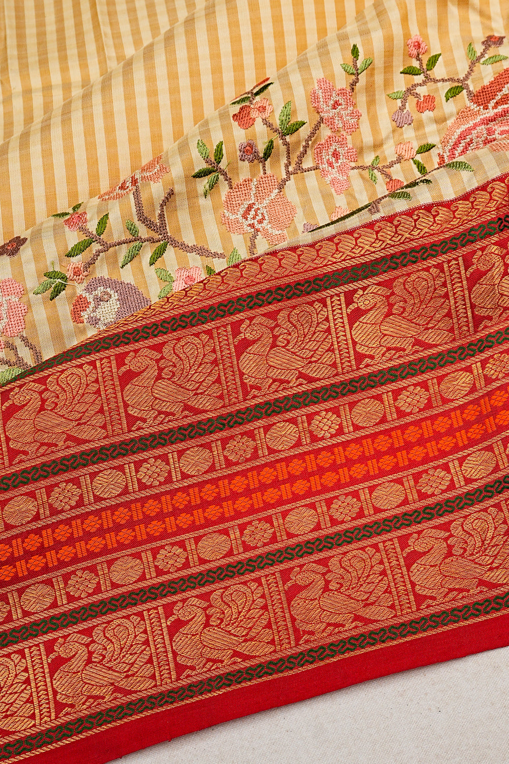 Kanchipuram Silk Vertical Lines Cream Saree With Embroidery