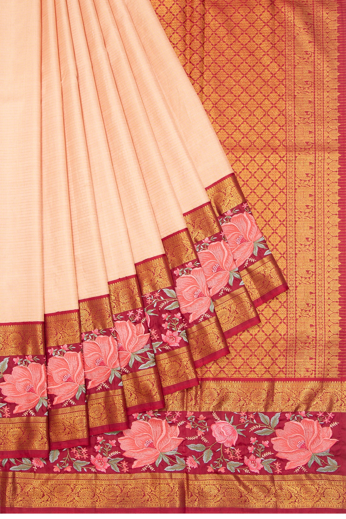 Kanchipuram Silk Checks Peach Saree With Embroidery Border