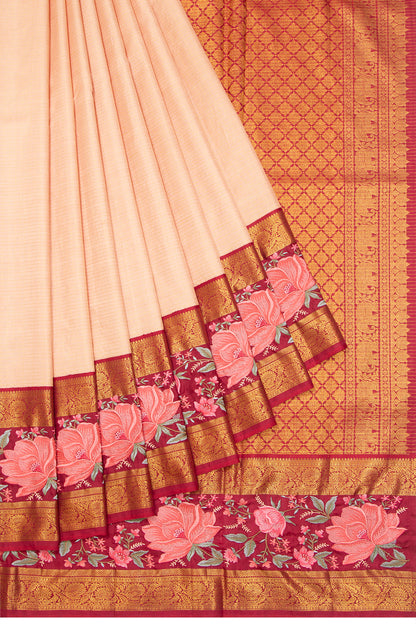 Kanchipuram Silk Checks Peach Saree With Embroidery Border