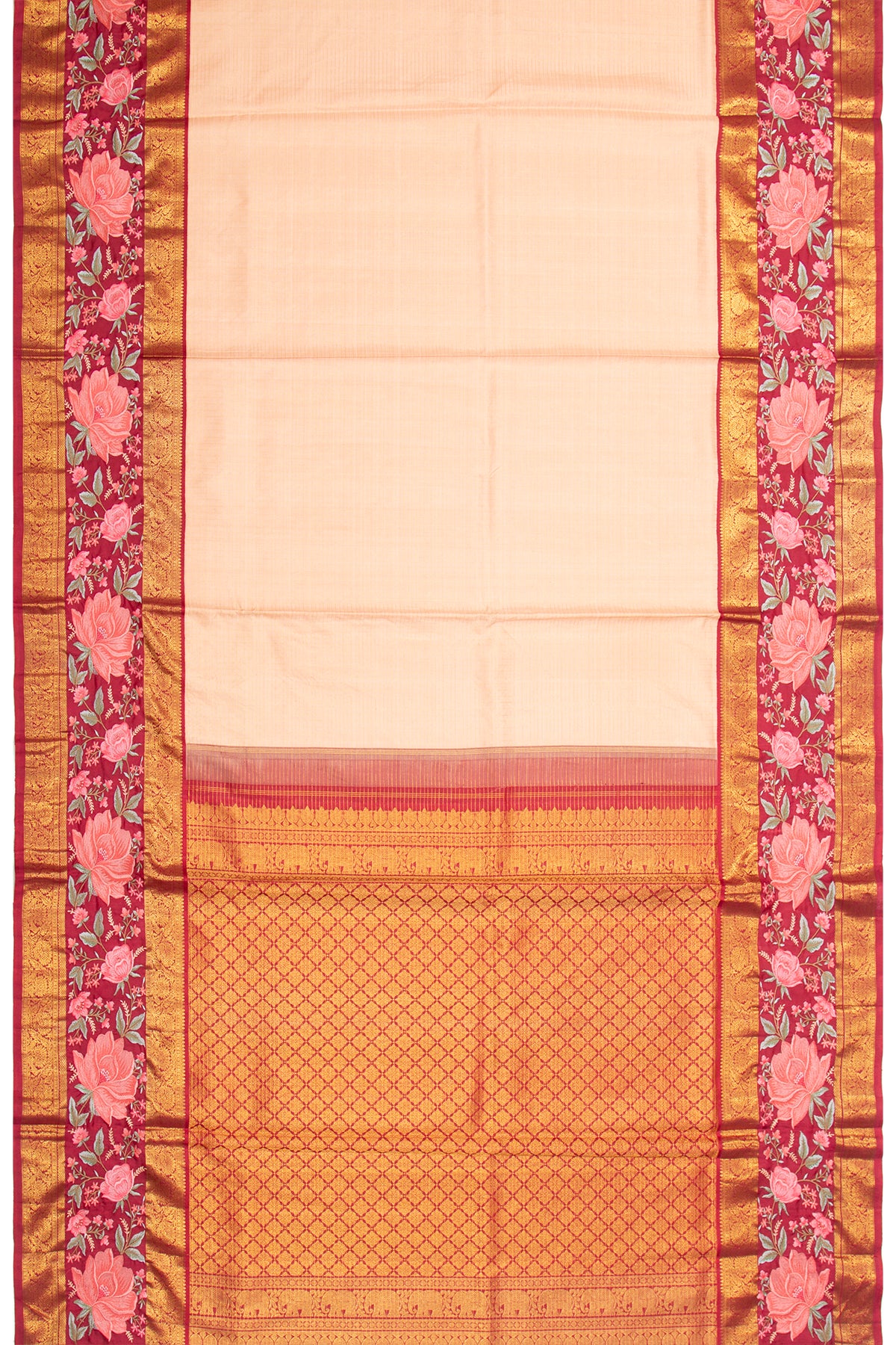 Kanchipuram Silk Checks Peach Saree With Embroidery Border