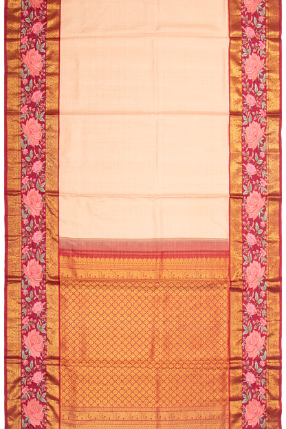 Kanchipuram Silk Checks Peach Saree With Embroidery Border