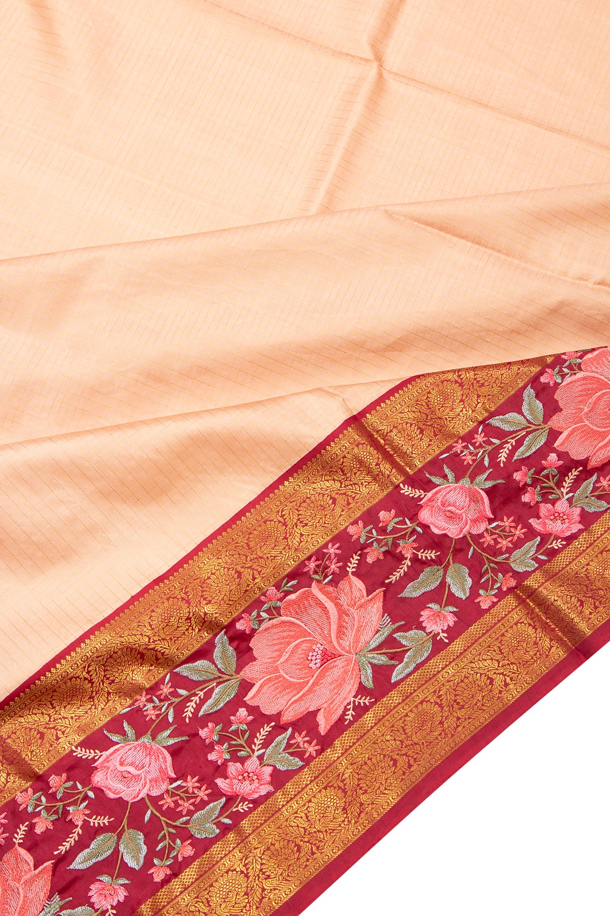 Kanchipuram Silk Checks Peach Saree With Embroidery Border