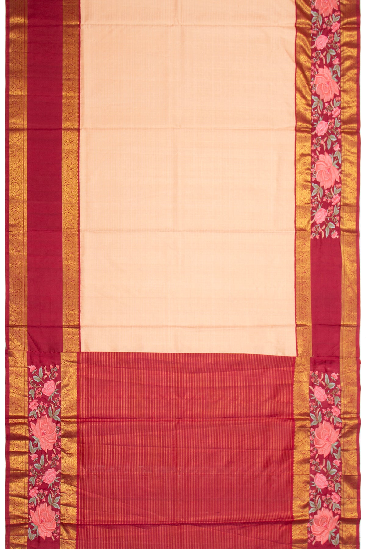 Kanchipuram Silk Checks Peach Saree With Embroidery Border