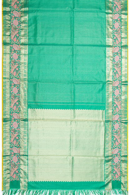 Kanchipuram Silk Checks Sea Green Saree With Embroidery Border