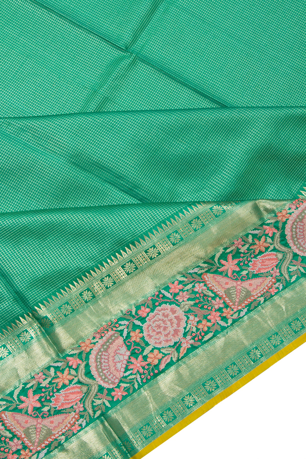 Kanchipuram Silk Checks Sea Green Saree With Embroidery Border