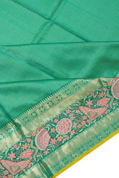 Kanchipuram Silk Checks Sea Green Saree With Embroidery Border