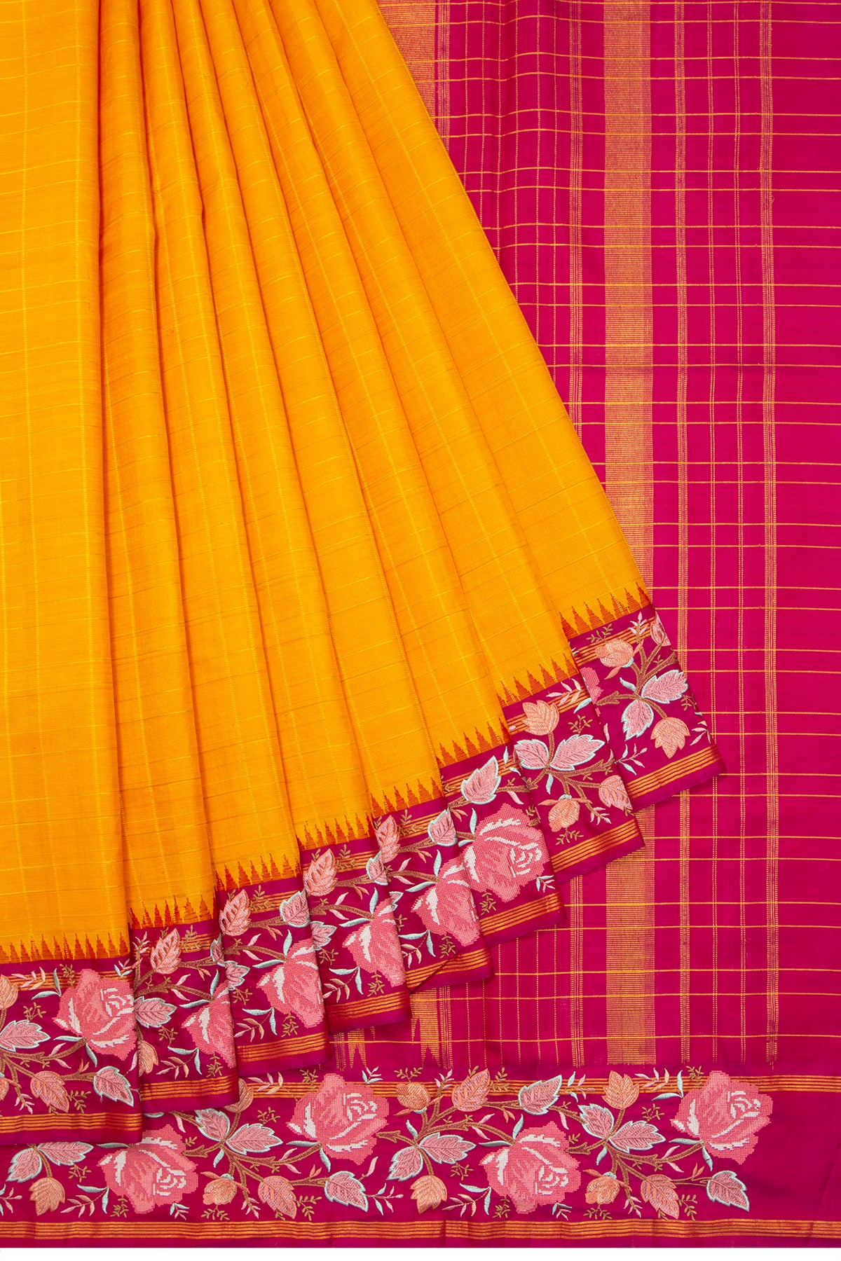 Kanchipuram Silk Checks Mustard Yellow Saree With Embroidery Border