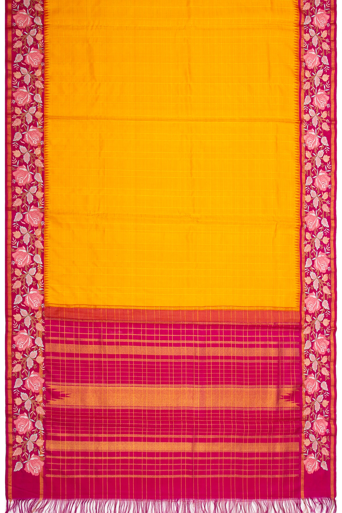 Kanchipuram Silk Checks Mustard Yellow Saree With Embroidery Border