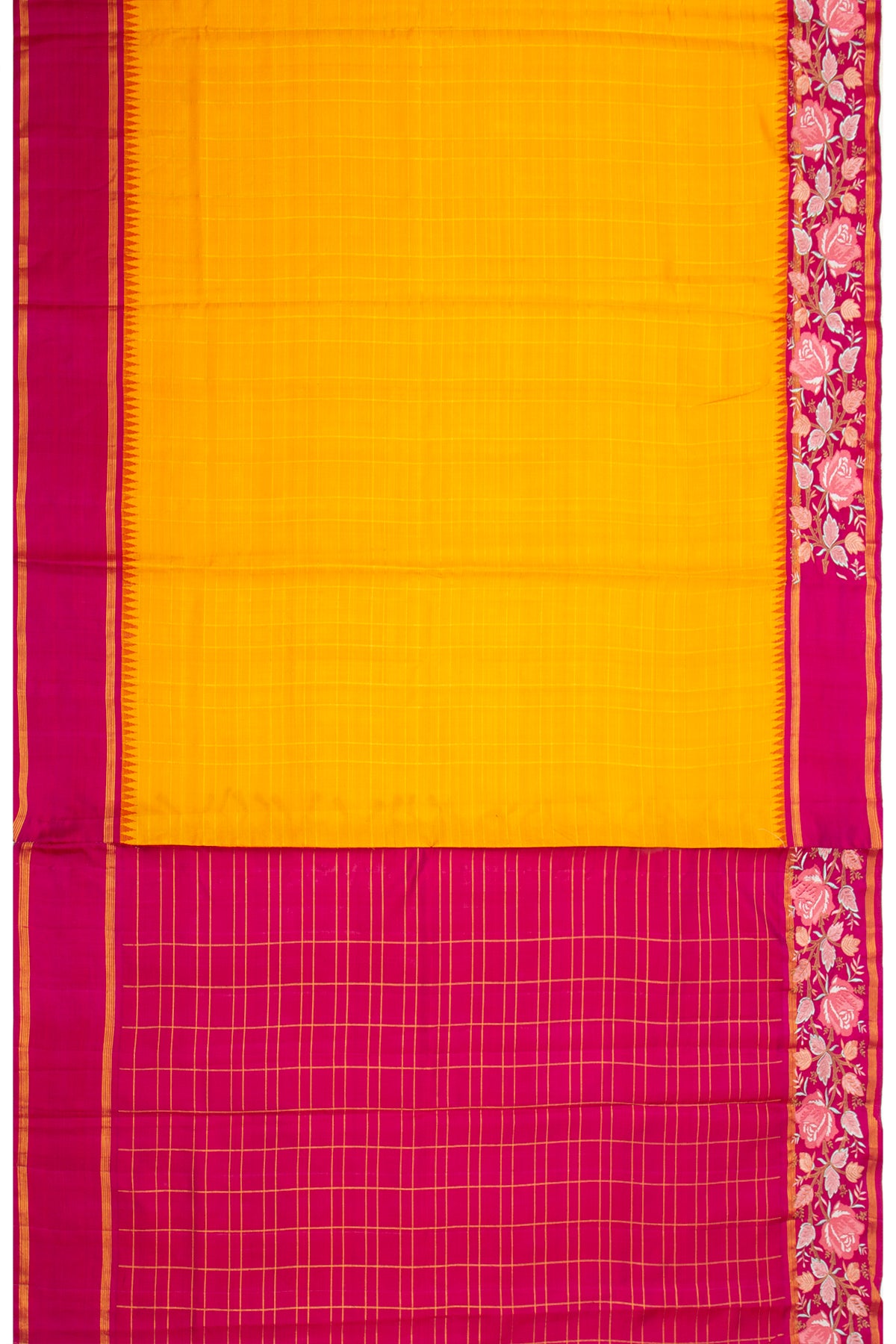 Kanchipuram Silk Checks Mustard Yellow Saree With Embroidery Border