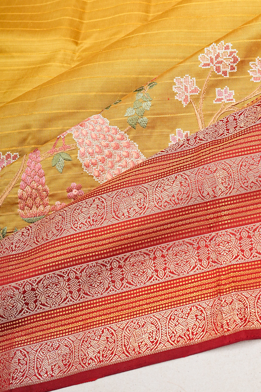 Kanchipuram Silk Horizontal Lines Mustard Yellow Saree With Embroidery