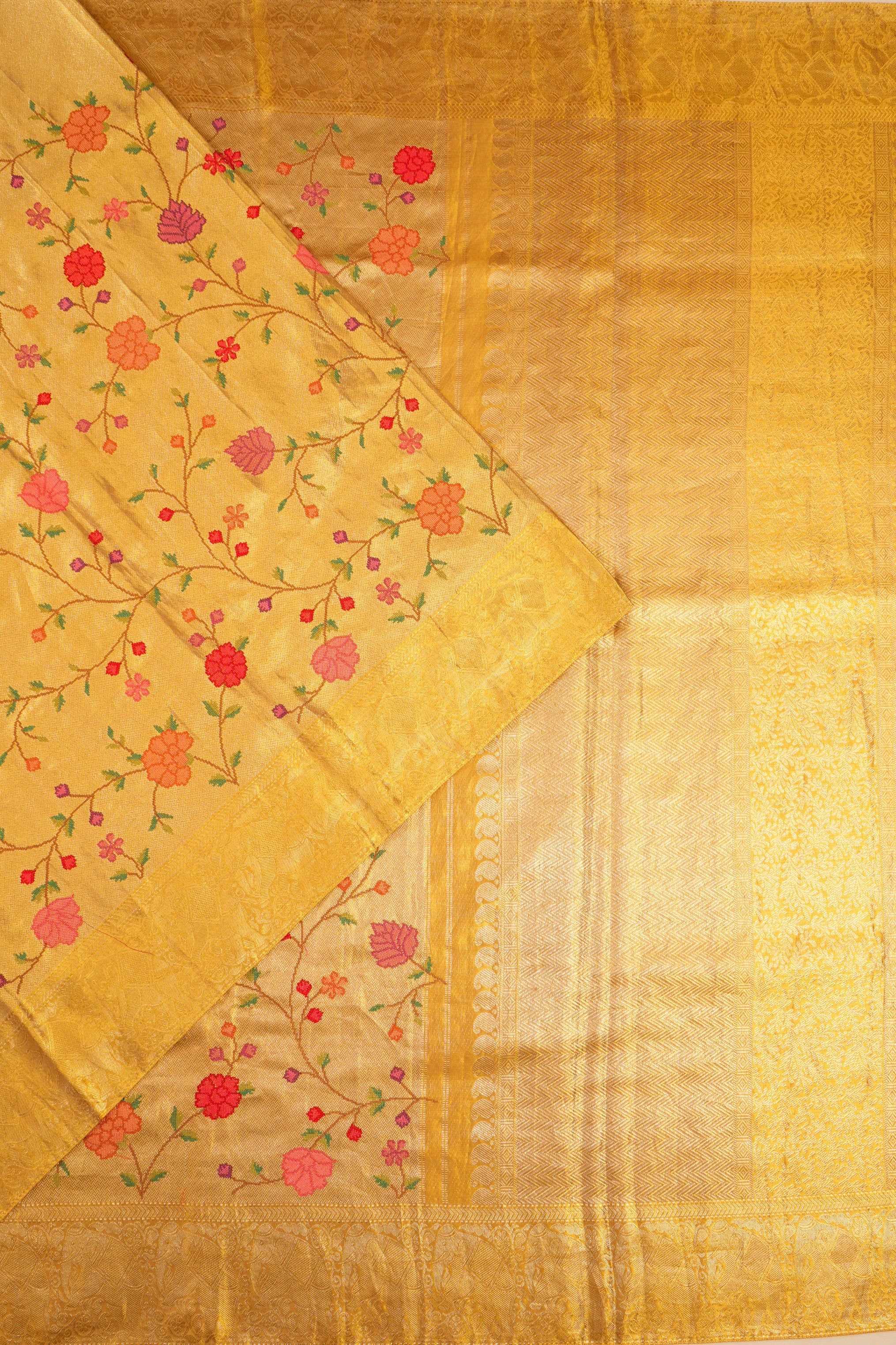 Kanchipuram Silk Tissue Embroidery Jaal Gold Saree
