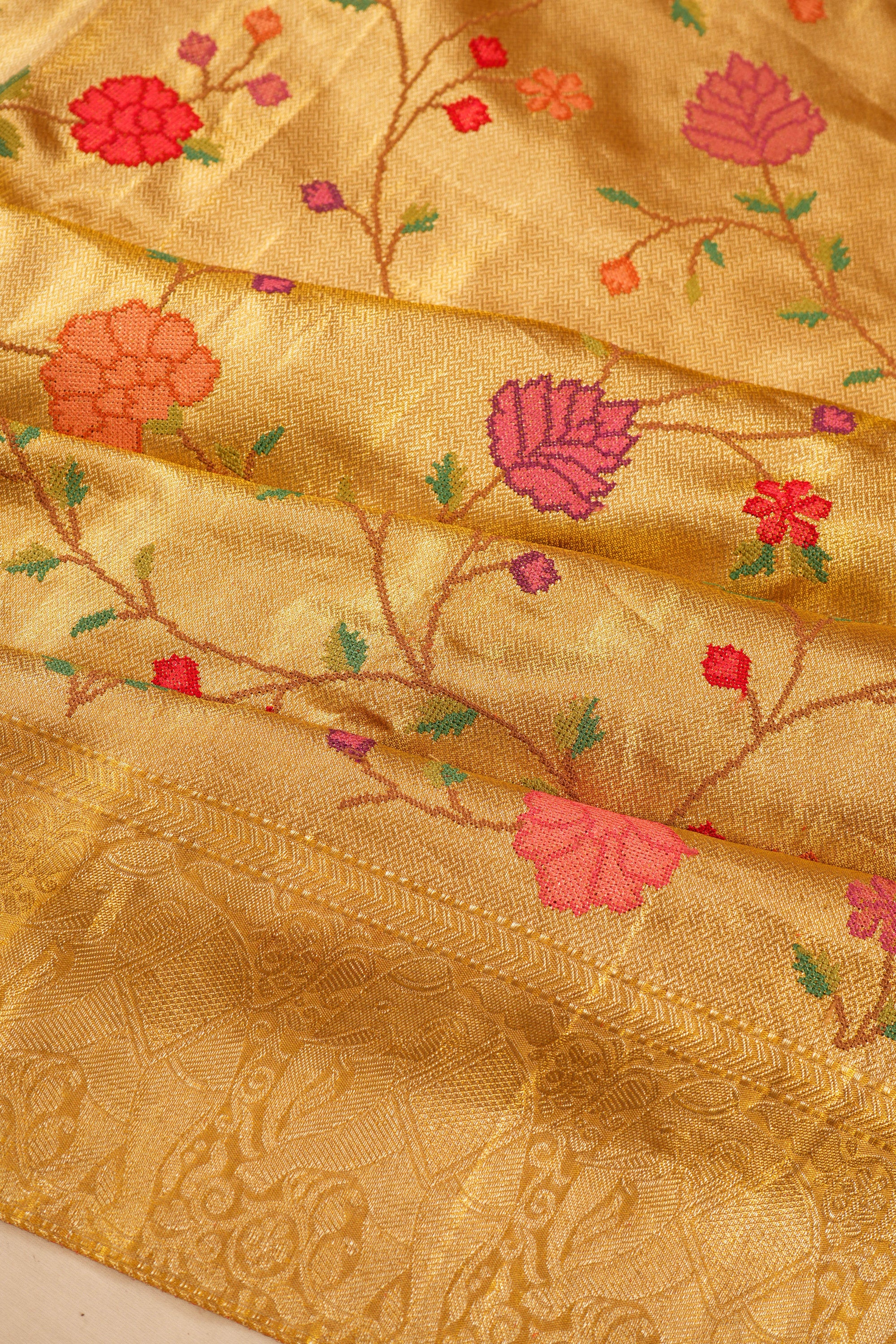 Kanchipuram Silk Tissue Embroidery Jaal Gold Saree