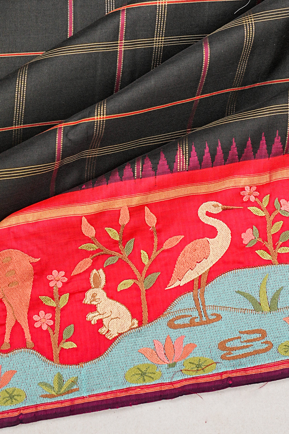 Kanchipuram Silk Checks Black Saree With Embroidery