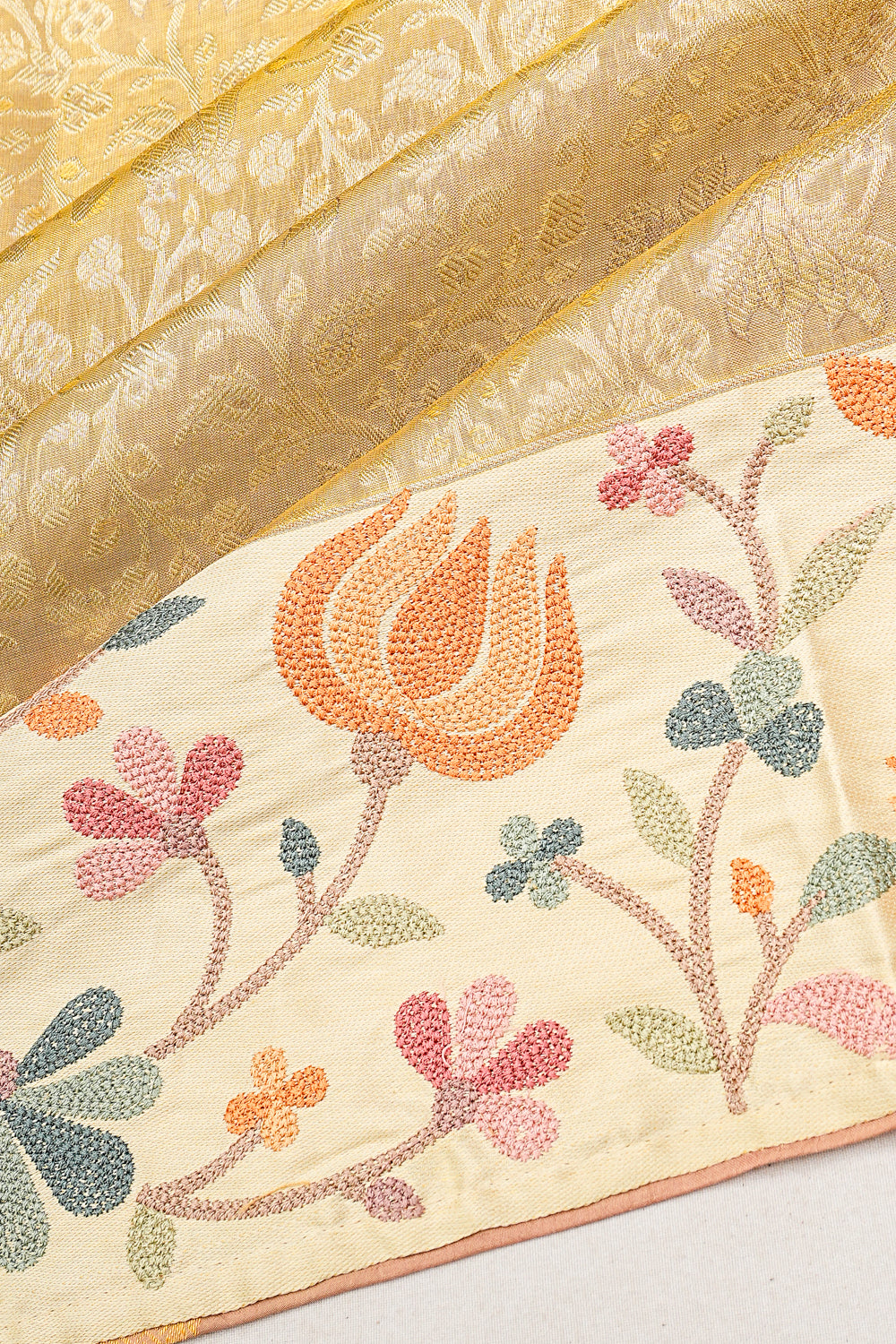 Kanchipuram Silk Tissue Brocade Gold Saree With Embroidery Border