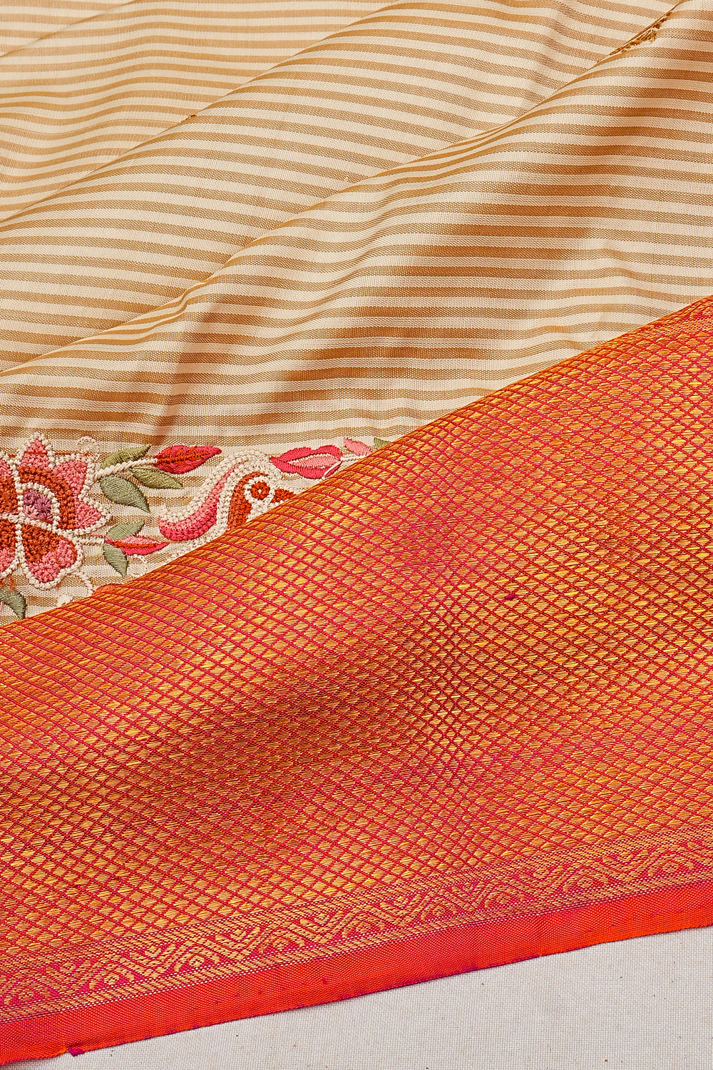 Kanchipuram Silk Horizontal Lines And Butta Cream Saree With Embroidery
